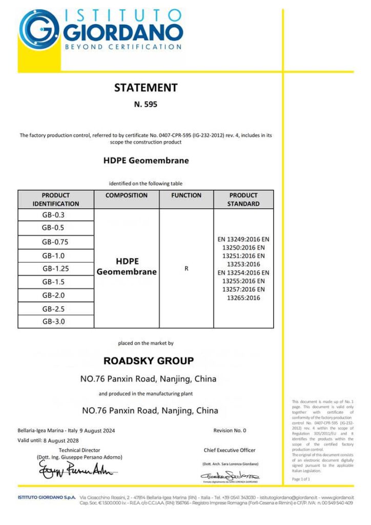 HDPE Geomembrane CE Certificate