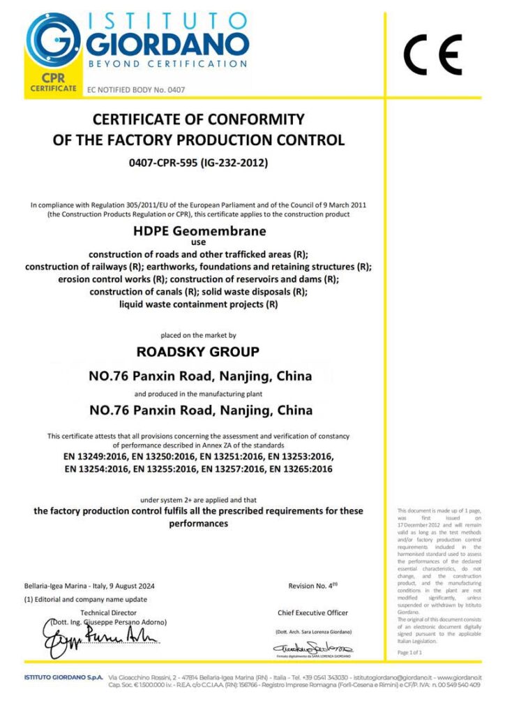 HDPE Geomembrane CE Certificate